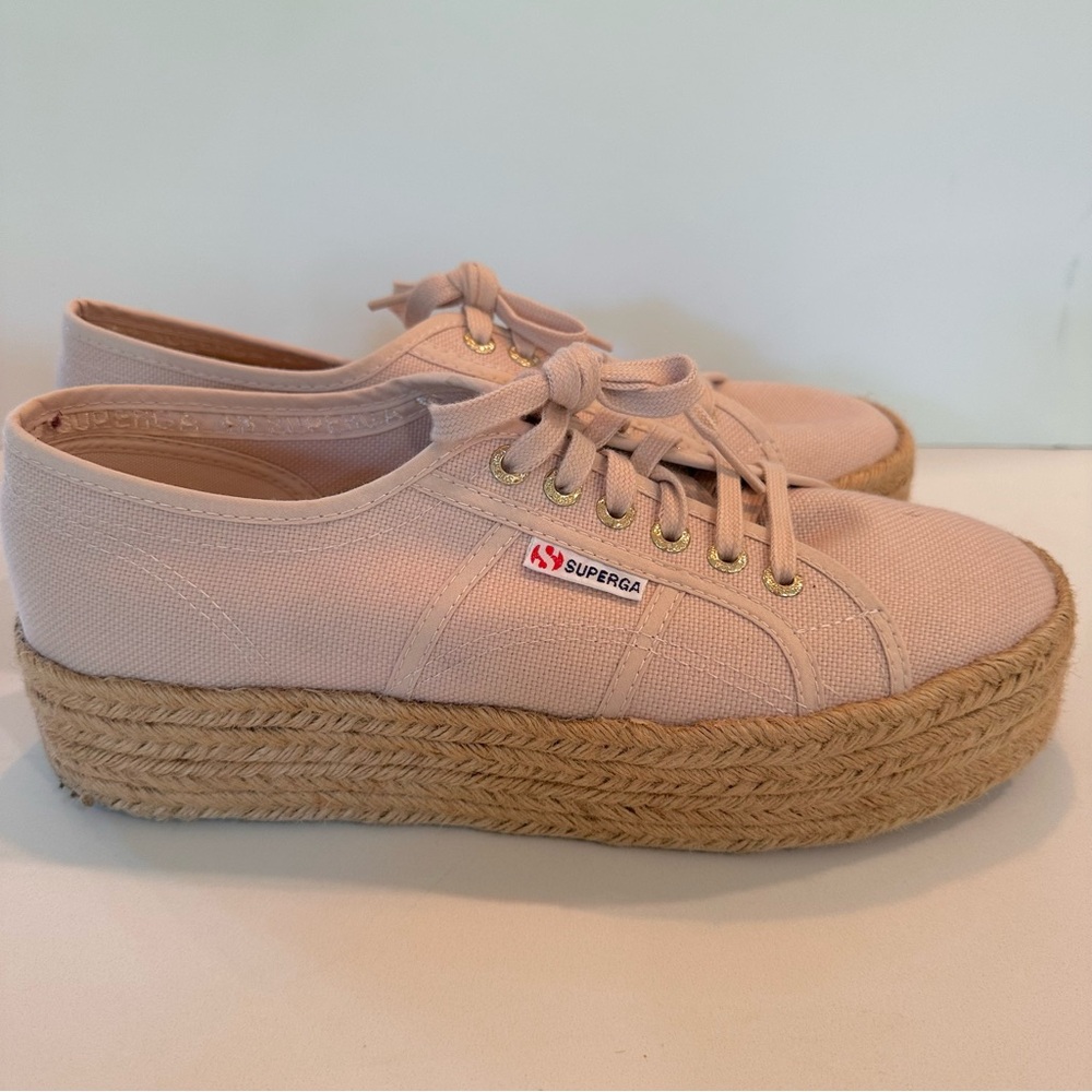 Superga Platform Sneakers in Light Pink with Natural Espadrille Sole - Picture 3 of 12